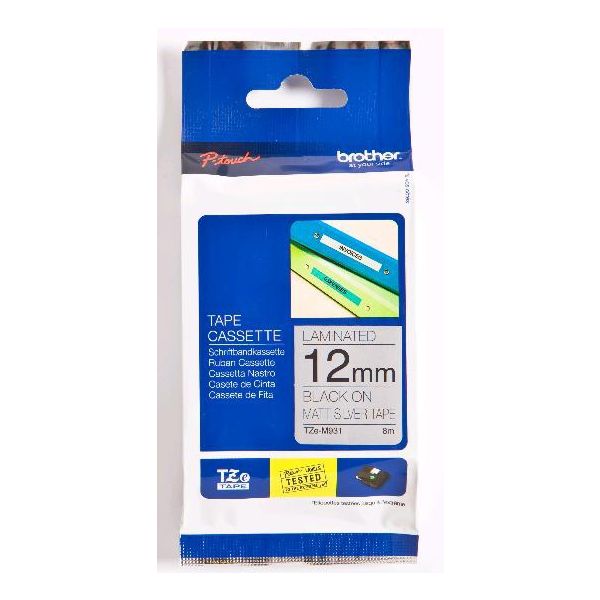 Cinta Rotuladora BROTHER Laminada 12mm 8m Negro sobre Plata (TZe-M931)