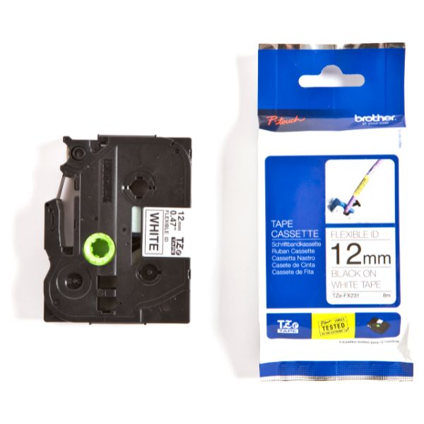 Cinta BROTHER Flexible Adhesiva 12mm 8m Negro sobre Blanco (TZe-FX231)