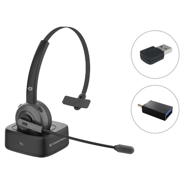 Auricular+Micrófono CONCEPTRONIC Supraural Monoaural Bluetooth 5.0 Base de Carga USB-C + Adaptador Negro (POLONA03BDA)