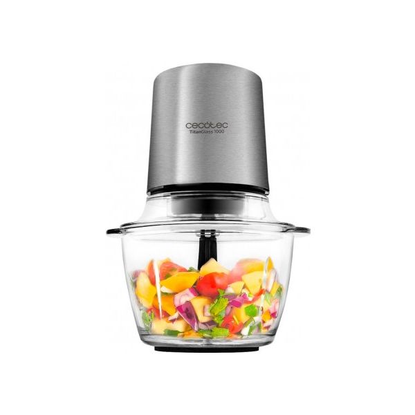 Picadora Eléctrica CECOTEC TitanGlass 1000 Multifuncion 400W Cuchillas Desmontables de Titanio/Acero 1 Litro Vidrio Resistente Acero Inoxidable (03043)