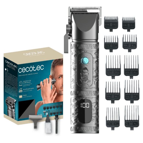 Cortapelos Cecotec PrecisionCare Samurai Clipper, batería con cuchillas de acero inoxidable, con 10 peines en medidas de 1,5/3/4,5/6/10/13/16/19/22/25 mm y 200 minutos de autonomía. (04455)