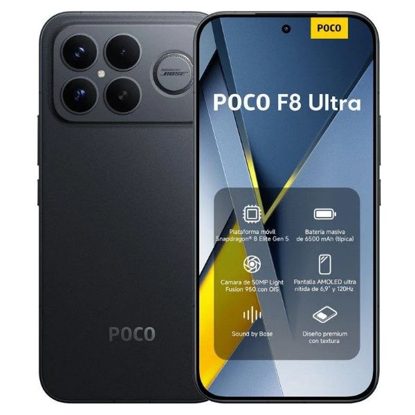 Smartphone XIAOMI Poco F8 Ultra 6.9? AMOLED Qualcomm Snapdragon 8 Elite Gen 5 12Gb 512Gb Cámara Trasera Triple 50/50/50mp Cámara Frontal 32mp NFC USB-C IP68 WiFi 6 Bluetooth 5.3 5G Xiaomi HyperOS 3 Negro (MZB0M43EU)
