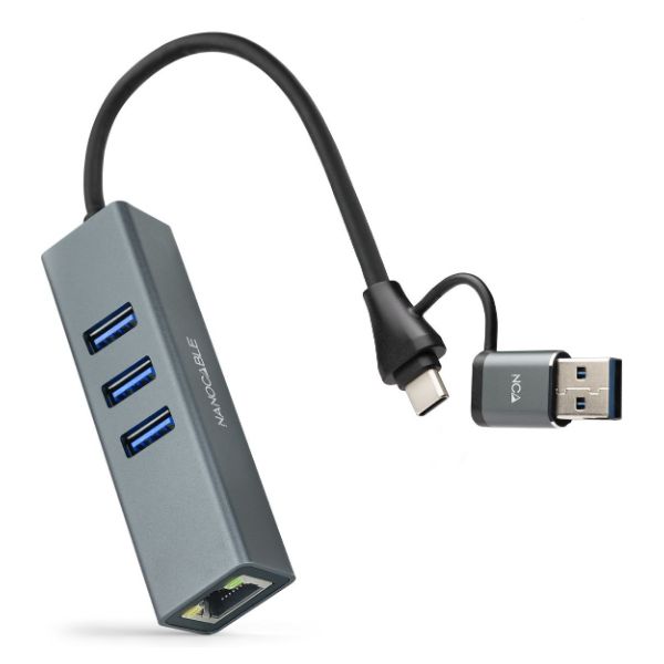 Conversor Nanocable USB-A+USB-C/M 3.0 a RJ45+3xUSB-A 3.0 15cm Gris (10.03.0412)