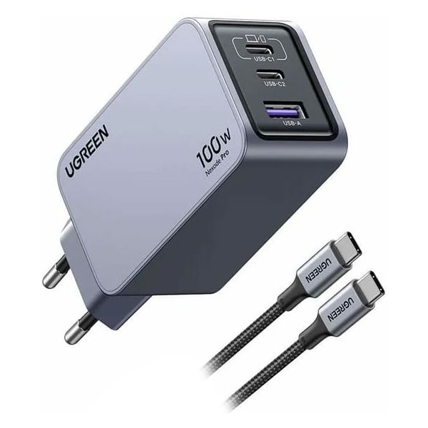 Cargador Ugreen Nexode Pro GaN 100W 1xUSB-A 2xUSB-C Carga Rápida Gris (25874)