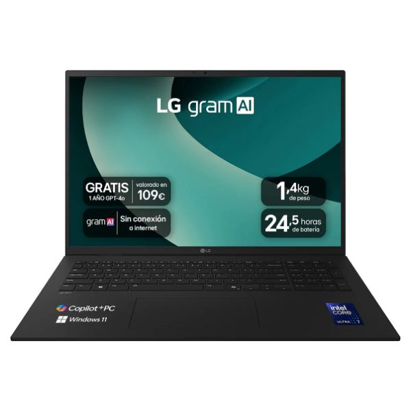 Portátil LG gram Intel Core Ultra 7-258V 32Gb 1Tb SSD Cámara FHD 2xUSB-A 3.1 2xUSB4 1xHDMI 2.1 WiFi 7 Bluetooth 5.3 17' IPS WQXGA Copilot+ PC W11H Negro (17Z90TL-G.AU88BN)