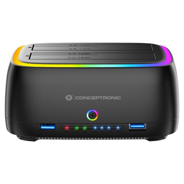 Docking Station USB-C Conceptronic DONN36B Doble Bahia SATA HDD SSD2.5'-3.5' Clonado Offline Iluminacion RGB 2XUSB-A SD. Negro (DONN36B)