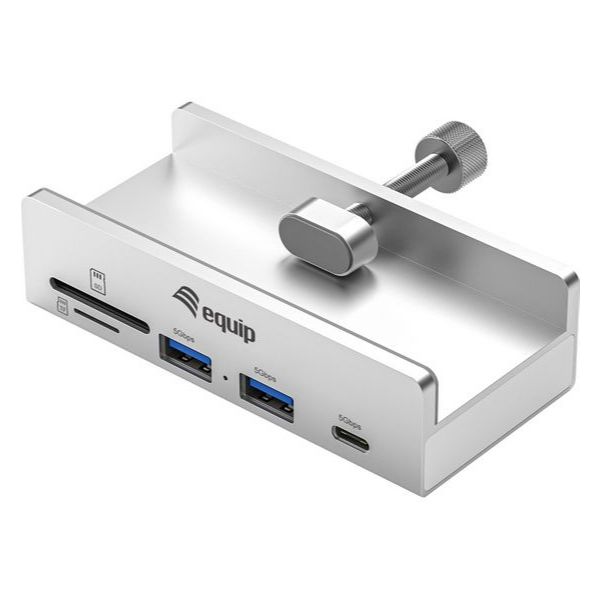 Hub USB-A con clip ajustable Equip 4 puertos USB 3.2 Gen 1 SuperSpeed 5Gbps Incluye 2 puertos USB-A y 2 puertos USB-C Fijacion para escritorio o monitor. Carcasa de aluminio Gris (128968)