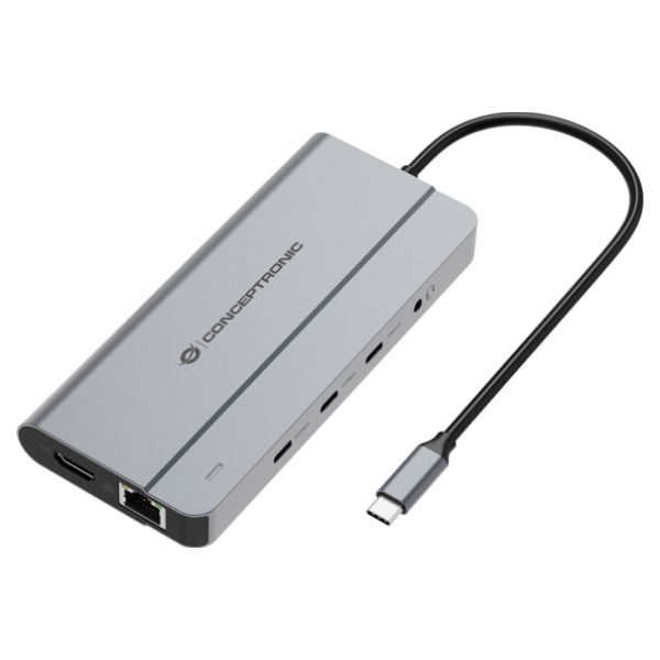Docking Station USB-C 10en1 HDMI 4K a 60Hz DisplayPort 8K a 30Hz, Ethernet Gigabit, 3XUSB-C de 10Gbps, 2XUSB-A audio de 3.5mm y carga PD de 100W. Plata (DONN34G)