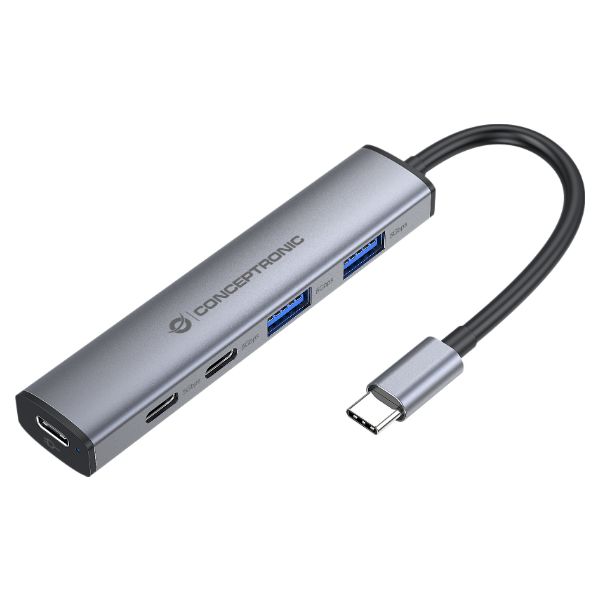 Hub USB-C Conceptronic con 5 puertos: 2xUSB-A 3xUSB-C USB 3.2 Gen1 Power Delivery de hasta 100W Gris. (HUBBIES22G)