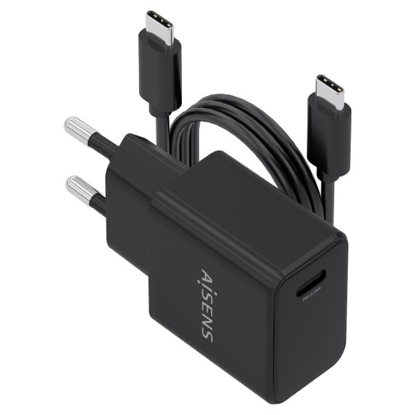 Cargador de Pared AISENS GaN 20W PD 3.0 QC 4.0 1xUSB-C Cable 1m Negro (ASCH-20W1P082-BK)