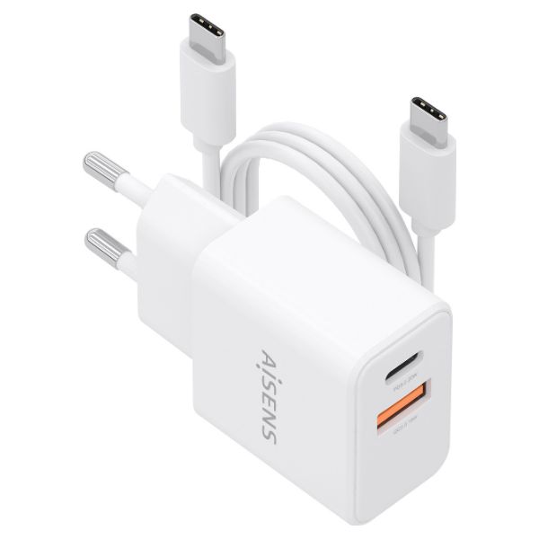 Cargador de Pared AISENS GaN 20W PD 3.0 QC 4.0 1xUSB-C 1xUSB-A Cable 1m Blanco (ASCH-20W2P083-W)
