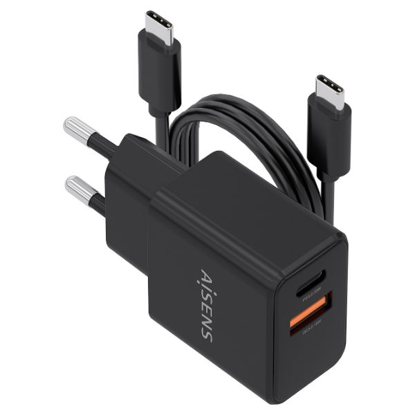 Cargador de Pared AISENS GaN 20W PD 3.0 QC 4.0 1xUSB-C 1xUSB-A Cable 1m Negro (ASCH-20W2P084-BK)