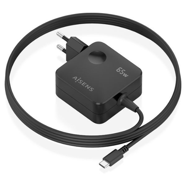 Cargador de Pared AISENS GaN 65W 1xUSB-C PD 3.0 Cable 1.5m. Negro (ASCH-1PD65WL85-BK)