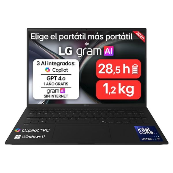 LG Gram 16Z90TL Ultra7-258V Copilot+ PC 32Gb 512Gb SSD 16' W11Pro 1.2kg, Wi-Fi7 y Thunderbolt. Negro (16Z90TL-V.AZ85B)