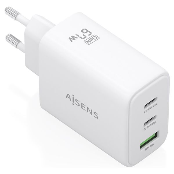 Aisens ASCH-65W3P026-W Cargador GaN 65W 2xUSB-C PD3.0 QC4.0 1xUSB-A QC3.0 Blanco(ASCH-67W3P086-W)