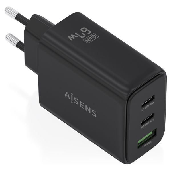 Cargador GaN 67W 2xUSB-C PD3.0 QC4.0 1xUSB-A QC3.0 Carga simultáneamente 3 dispositivos. Negro(ASCH-67W3P087-BK)